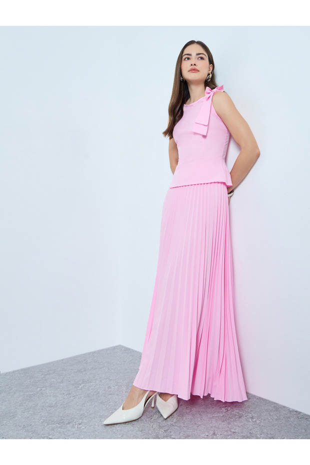 Pink Bow-Knot Embellished Top and Pleated Maxi Skirt Co-Ords