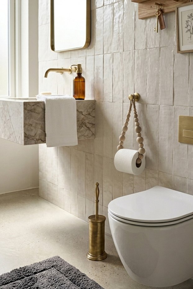 Handmade Wooden Beaded Toilet Roll Holder and Towel Rack - Bohemian Bathroom Accessory