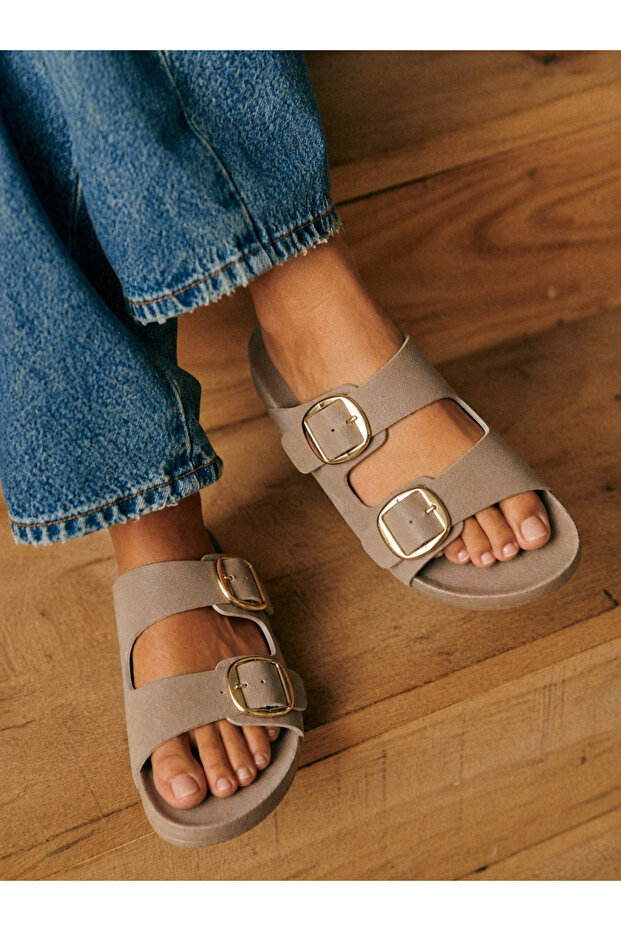 Women's Beige Double Buckle Slippers – Casual Comfortable Sole Sandals, Comfortable Summer Slippers