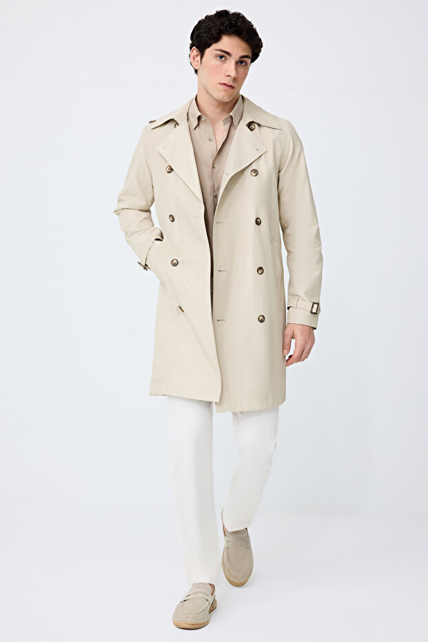 Slim Fit Bej Pardösü/Trenckot