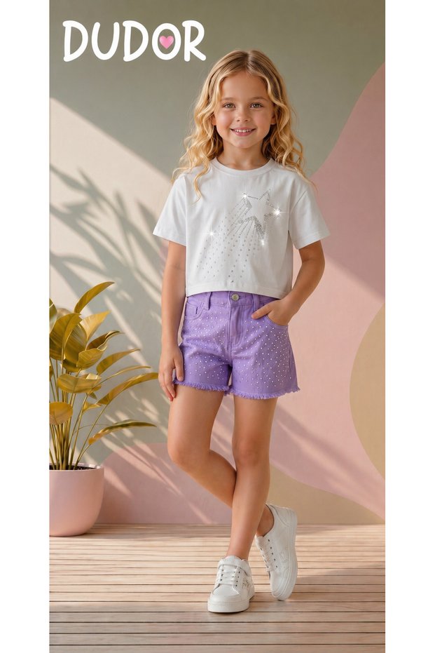 Girls' Stone-Embellished Denim Shorts and T-Shirt Set - Holiday Collection