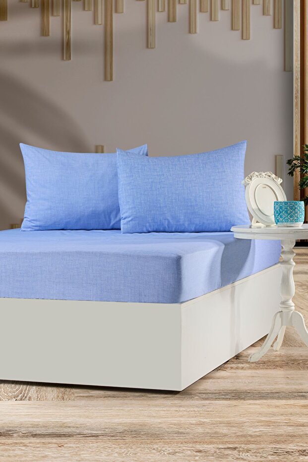 Tekstilla Pink Elastic Fitted Blue Color Double Pillowcase Bed Sheet Set