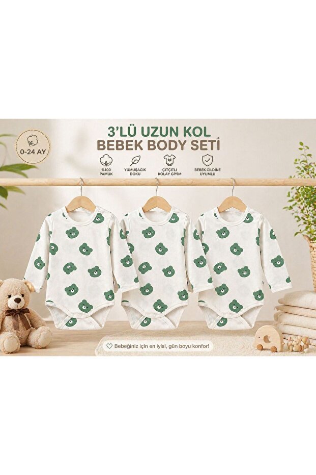 Teddy Bear Patterned 3-Piece Long Sleeve Baby Bodysuit 100% Cotton
