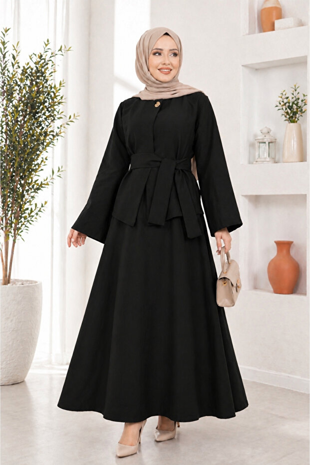 Women's Asymmetrical Gold Buttoned Hijab Skirt & Jacket Set Sb0027
