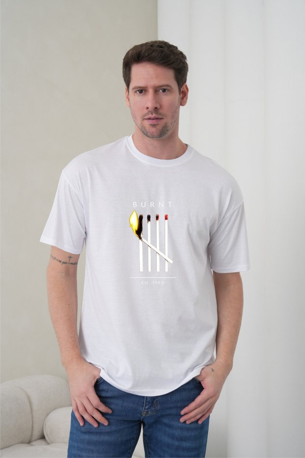 Men's Minimalist Burning Match Illustration Round Neck White T-Shirt