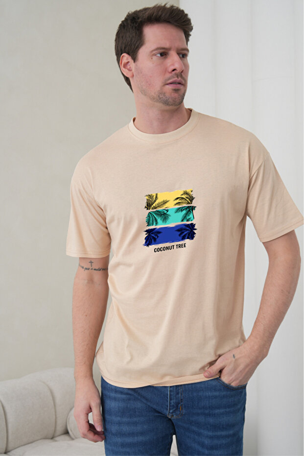 Men's Tropical Themed Palm Tree Printed Round Neck Beige T-Shirt
