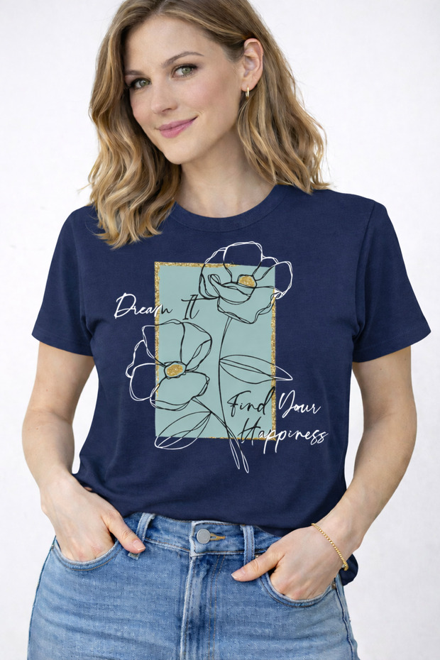 Find Your Happiness Print Detailed Women's Crew Neck Cotton T-Shirt