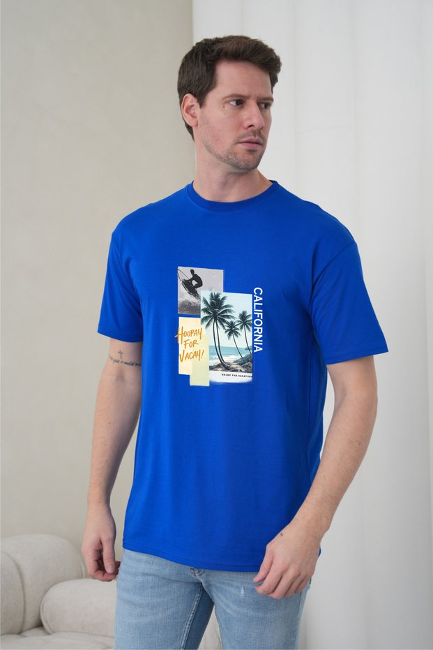 Men's Surf and Palm Tree Printed California Themed Round Neck Cobalt Blue T-Shirt