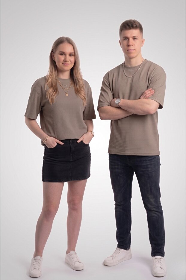 Basic Style Unisex Waffle Kumaş Basic Tişört T-Shirt