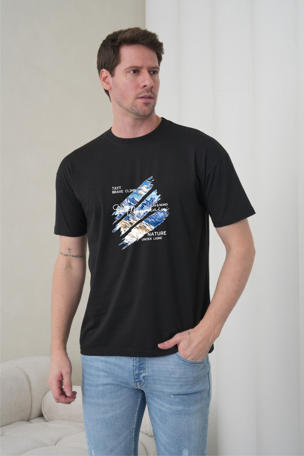 Men's Sun Mountain Nature Printed Round Neck Black T-Shirt