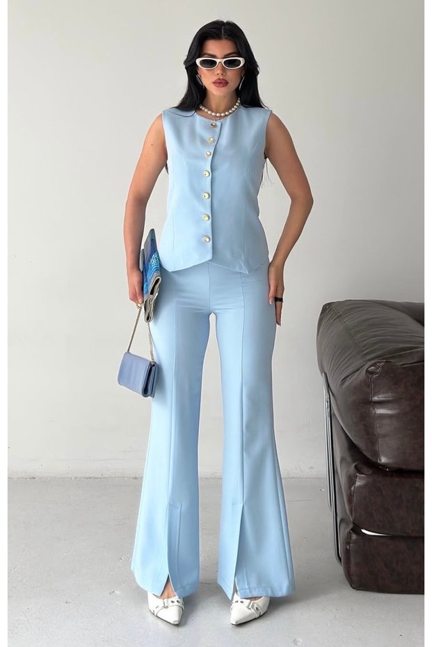 Women's Designer Vest and Slit-Cut Pants Set in Baby Blue