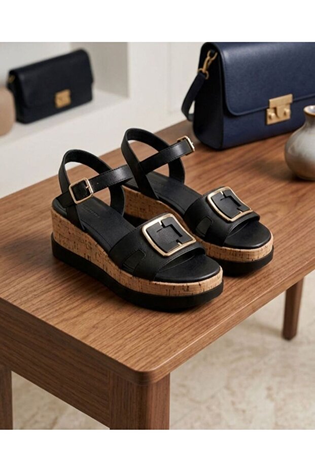 Black Leather Wedge Heeled Cork Sole Women's Sandals 35181