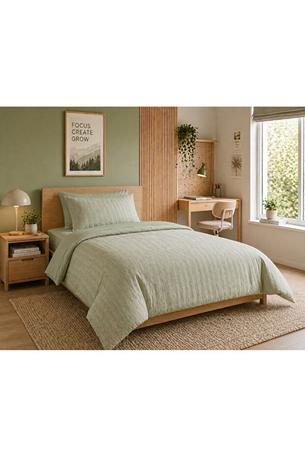 Single Duvet Cover Set Khaki Green Striped, Soft Textured Modern Bedding Set 160X220 cm