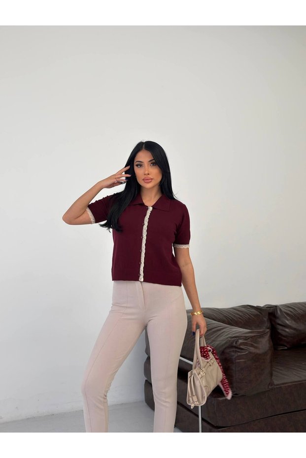 Women's Polo Collar Lace Detailed Cotton Knitwear Blouse
