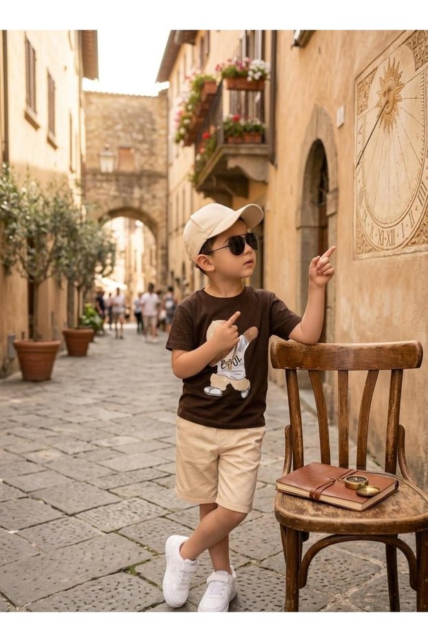 Boy's Teddy Bear Printed 100% Cotton T-Shirt - Linen Shorts - Hat - 3-Piece Holiday Set