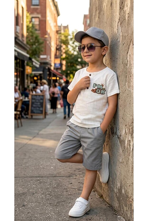Boy's Linen Shorts - Cotton-Linen Blend T-Shirt - 3-Piece Set with Hat for Holidays