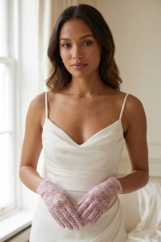 Short Pink Lace Bridal Gloves – Elegant Wedding & Bridal Accessory with Transparent Floral Pattern