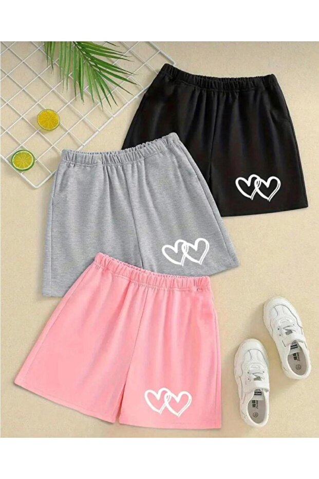 Girls' Heart Printed 3-Piece Shorts Set