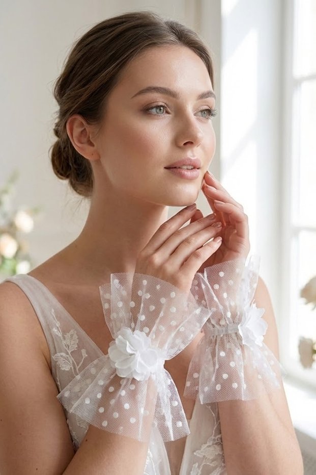 Rosmira Dot White Tulle Bracelet – Elegant Polka Dot Bridal and Wedding Accessory with Floral Detail