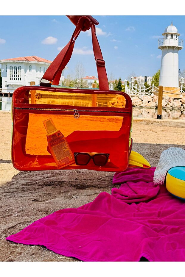 Neon Faux Leather & Colorful Transparent Pvc Washable Beach Bag with Wet and Sandy Item Pocket
