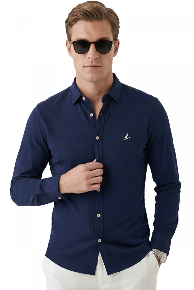 Navy Blue Modal Fabric Comfortable Fit Embroidered Men's Shirt 2602630