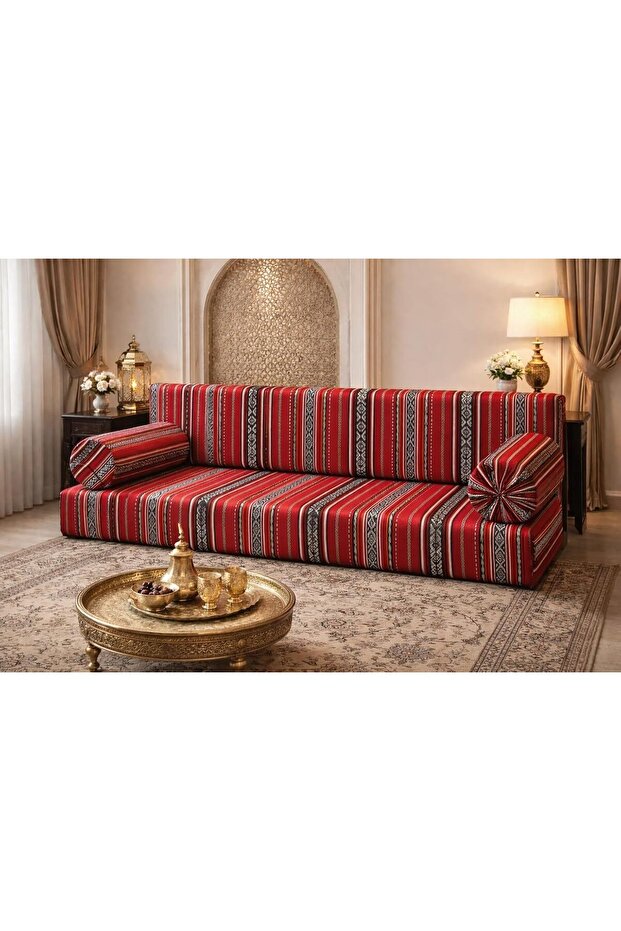 Arabic Majlis Floor Sofa, Red Striped, Traditional Arabian Style, with Decorative Pillows