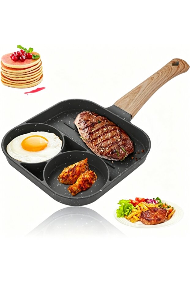 🍳 مقلاة غير لاصقة بثلاث فتحات لطهي البيض والفطائر، وعاء طهي شرائح اللحم للإفطار، متوافق مع مواقد الغاز والحث الكهرومغناطيسي