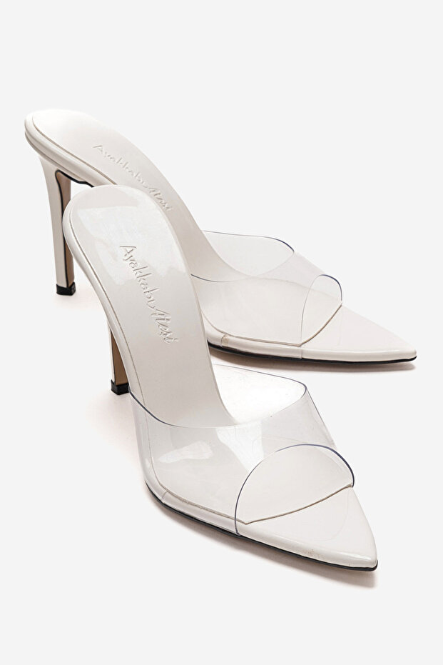 Women's Pointed Toe Thin Heeled Transparent Strap Slippers Sona White Patent Leather