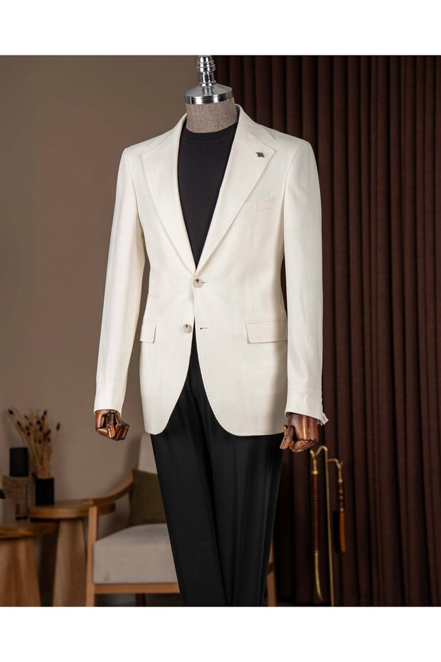 Italian Style Slim Fit Men's Mono Collar Linen Blend Jacket White T20083-07