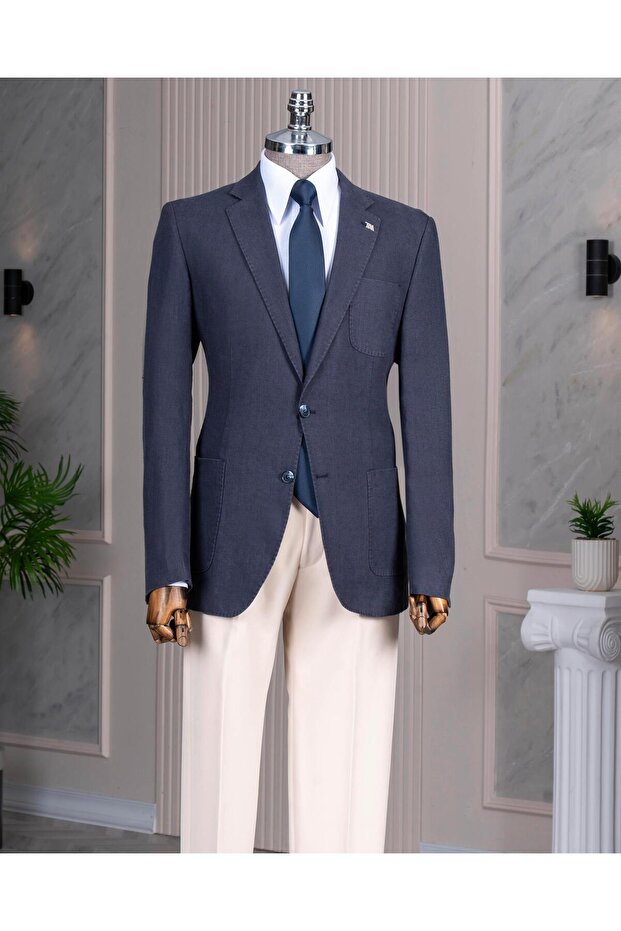 Italian Style Slim Fit Mono Collar Men's Jacket Navy Blue T13792