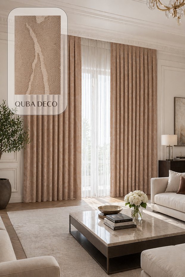 Modern Stylish Embossed Jacquard Beige Background Curtain (1X2 Sparse Pleat) Living Room Bedroom Children's Room