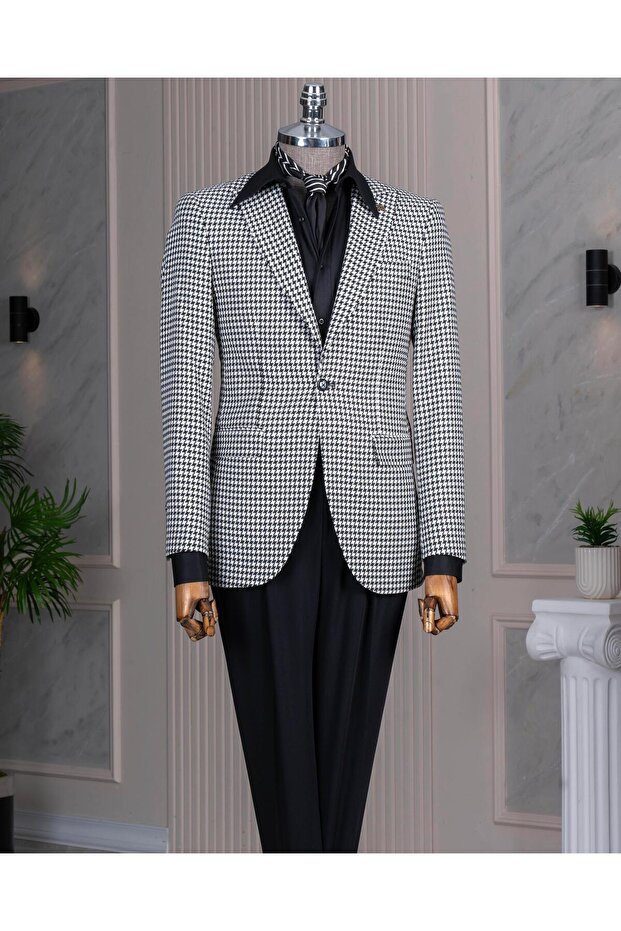 Italian Style Slim Fit Houndstooth Pattern Double Breasted Men's Jacket Black T13048