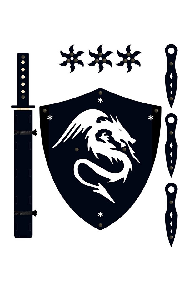 Wooden Samurai Set 4 Pieces, Shield + Katana Sword + Ninja Star Kohga + Throwing Knife Kunai, Black