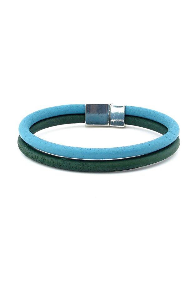 Blue Green Real Leather Metal Magnet Bracelet M016g