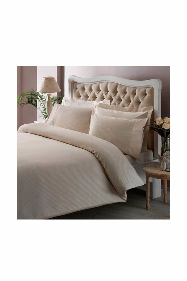 Premium Krem Basic Stripe Çif Kişilik Nevresim Takımı - 1
