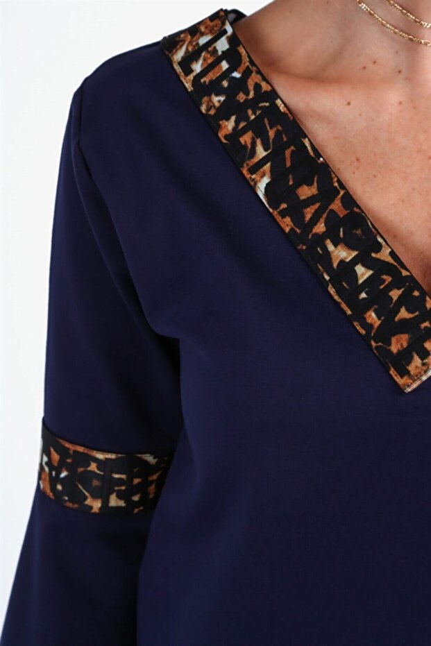 Ispanyol Kol Baskılı Şeritli Midi Elbise - 5