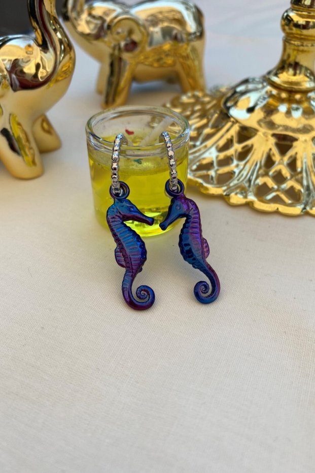 Chrome Purple & Blue Color Antiallergic Seahorse Earrings