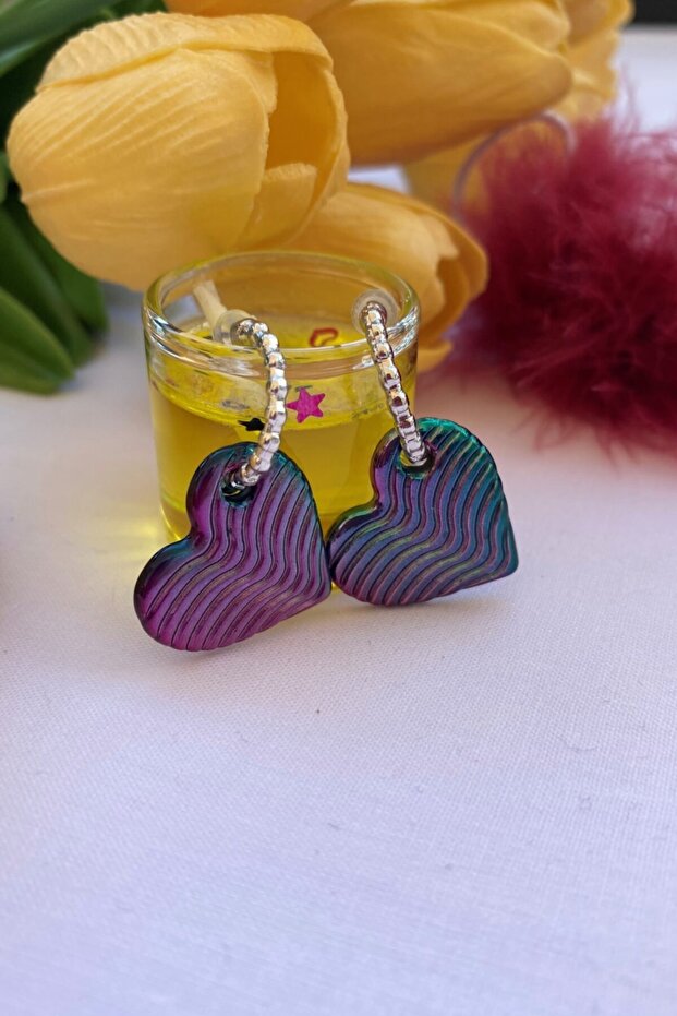 Chrome Lilac&Green Color Antiallergic Heart Earrings