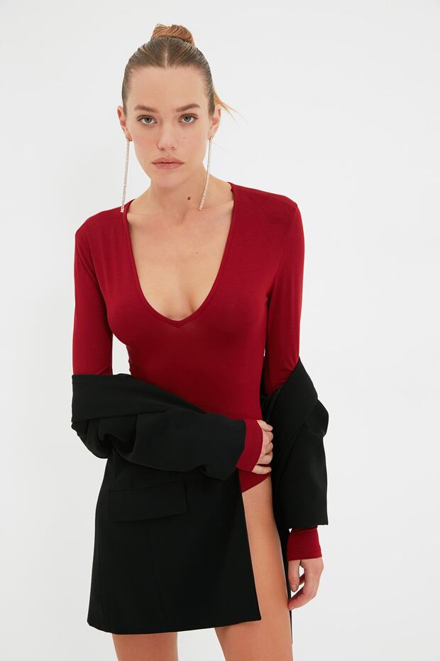 Burgundy Deep V Neck Snap Fastener Knitted Bodysuit Tpraw22Bd0084 - 4