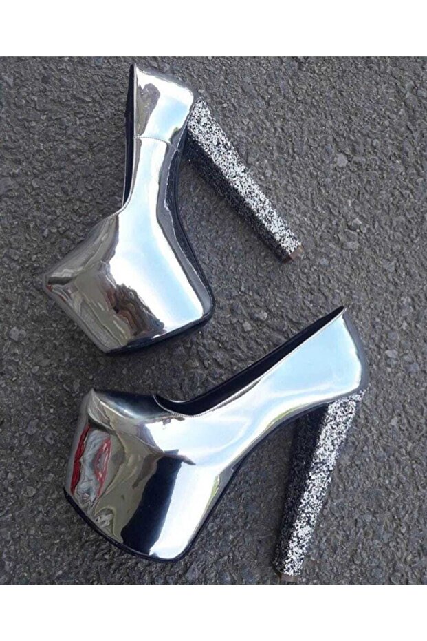 Women's Heel Glitter Detailed White Mirror Look High Heel Platform Shoes