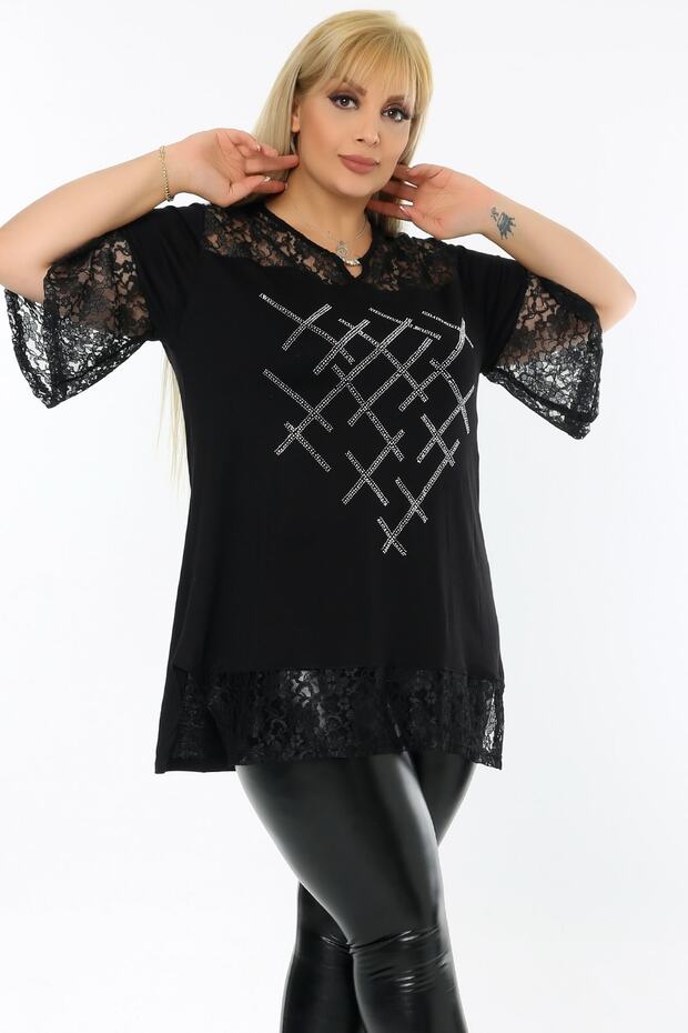 V-Neck Lace Detailed Stone Printed Short Sleeve Slit Blouse