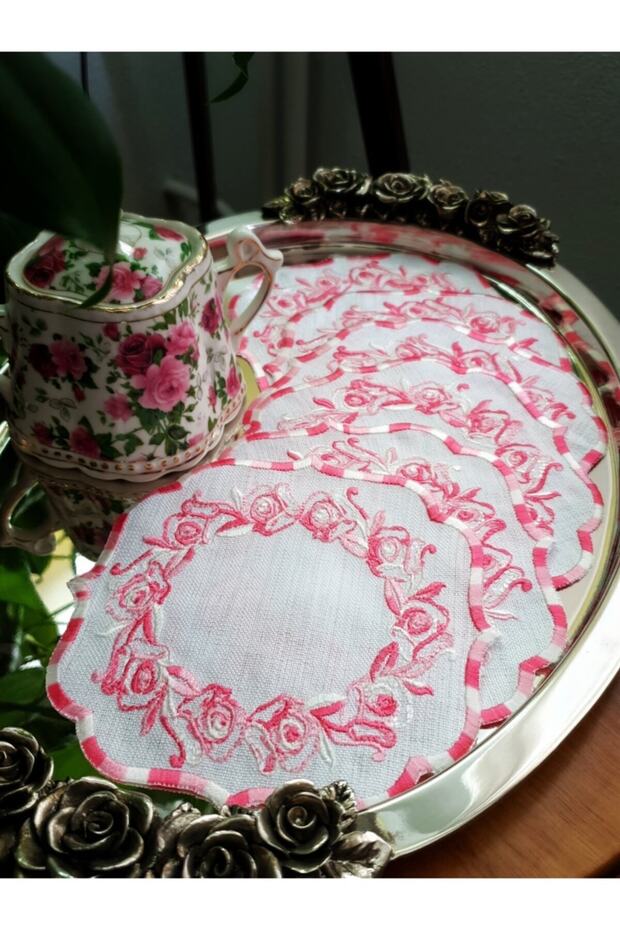 Imported Linen Fabric Embroidered Stain Resistant Cocktail Doily Set of 6 Red