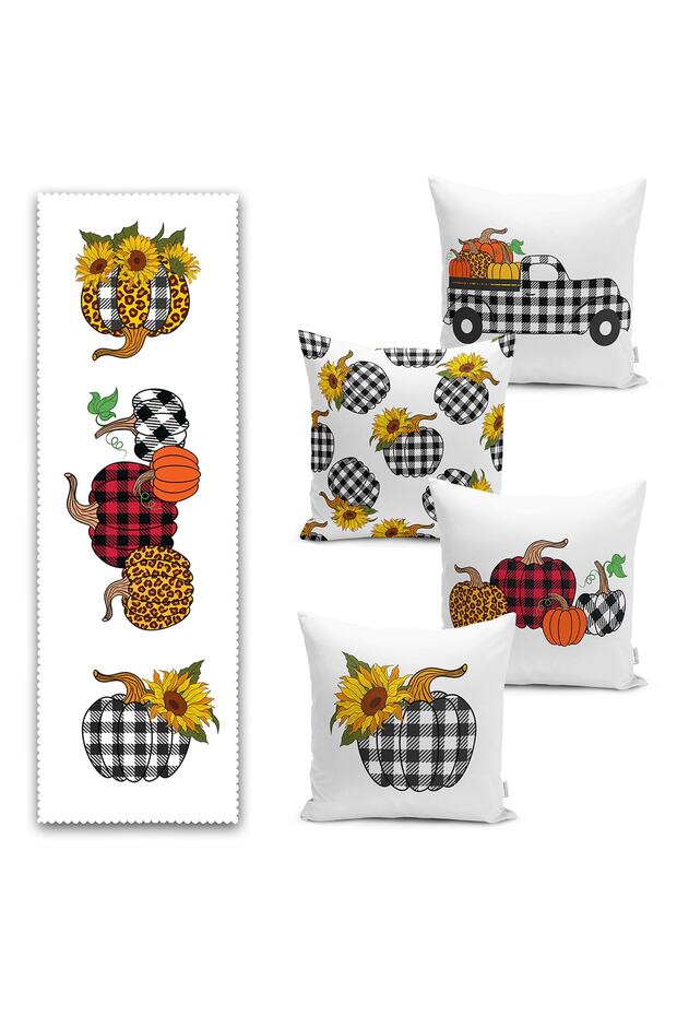 Black Plaid Pumpkin Sunflower Motif Set of 4 Throw Pillow Cases and Runner
