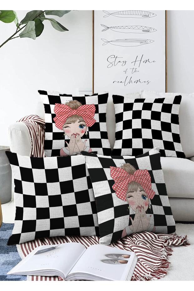 Double Sided Black and White Checkered Girl's Motif 4-Piece Modern Raschel Knitted Throw Pillow Cover Set