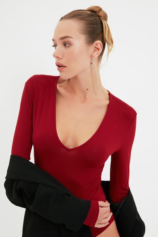 Burgundy Deep V Neck Snap Fastener Knitted Bodysuit Tpraw22Bd0084 - 5