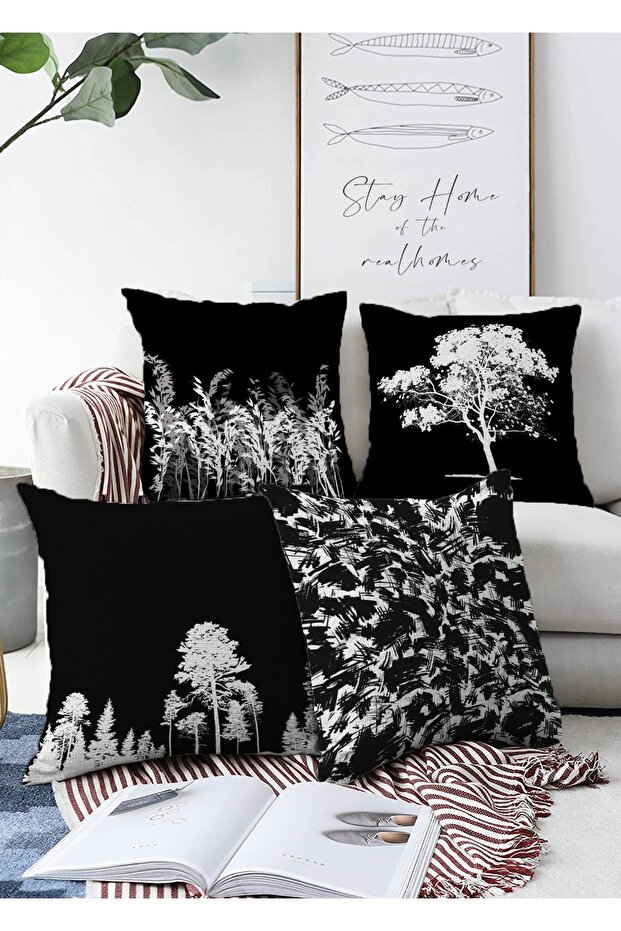 Double Sided Black Background with Tree Motif Digital Printed Special Design 4-Piece Raschel Throw Pillow Cover Set