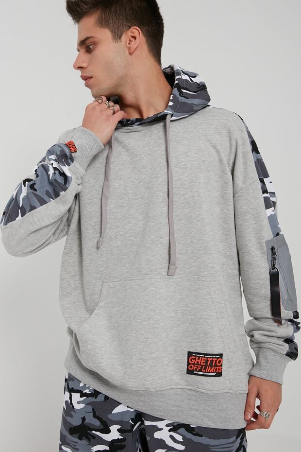 Kamuflaj Parc?alı Hoodie Gri - 1