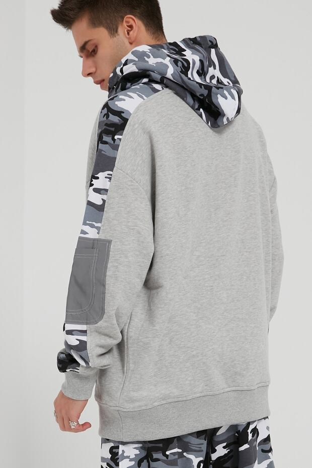 Kamuflaj Parc?alı Hoodie Gri - 3