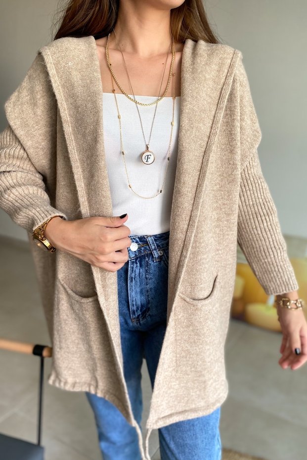 Women's Stone Color Bat Sleeve Double Pocket Hooded Loose Loose Oversize Standard Size Knitwear Cardigan