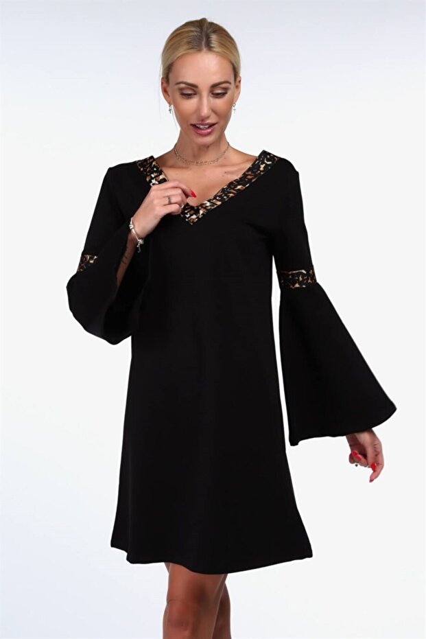 Ispanyol Kol Baskılı Şeritli Midi Elbise - 2